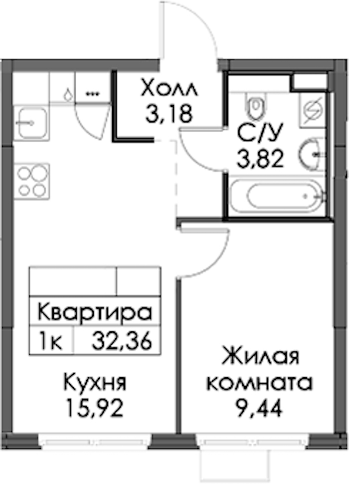 1-комнатная квартира 32.36 м², 11/12 эт., ЖК «Таллинский парк»